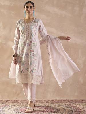 Floral Embroidered V-Neck Thread Work  Cotton Kurta With Trousers & Dupatta 1