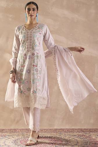 Floral Embroidered V-Neck Thread Work Cotton Kurta With Trousers & Dupatta