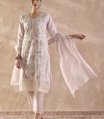Floral Embroidered V-Neck Thread Work  Cotton Kurta With Trousers & Dupatta