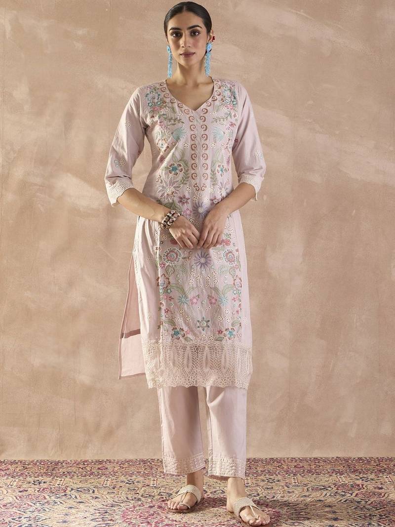 Floral Embroidered V-Neck Thread Work  Cotton Kurta With Trousers & Dupatta