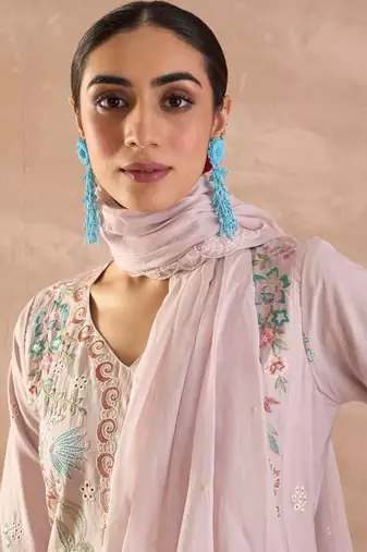 Floral Embroidered V-Neck Thread Work Pure Cotton Kurta With Trousers & Dupatta