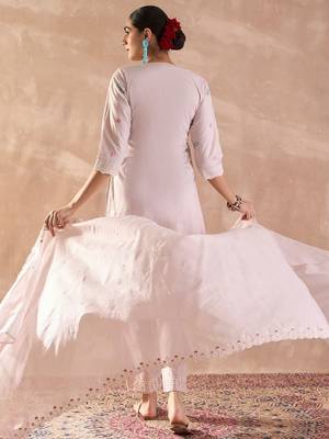 Floral Embroidered V-Neck Thread Work  Cotton Kurta With Trousers & Dupatta 5
