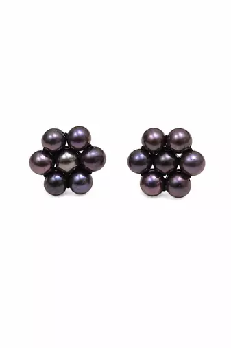 Dark purple freshwater pearl cluster flower stud earrings