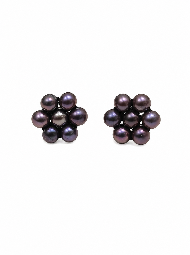 Dark purple freshwater pearl cluster flower stud earrings