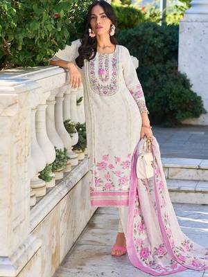 Women Floral Embroidered Regular Thread Work Linen Kurta with Trousers & With Dupatta 1