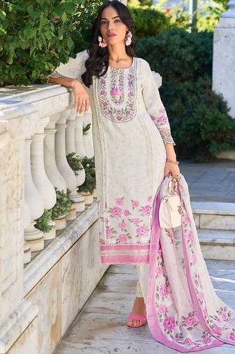 Women Floral Embroidered Thread Work Linen Kurta with Trousers & With Dupatta
