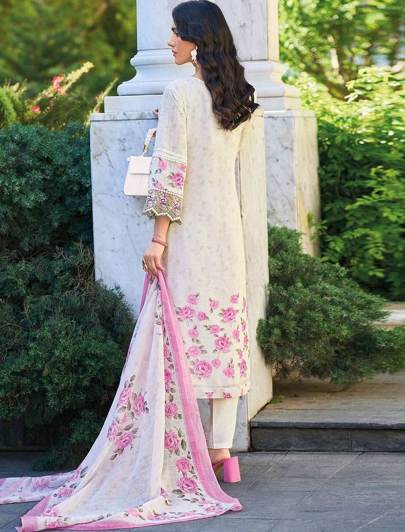 Women Floral Embroidered Regular Thread Work Linen Kurta with Trousers & With Dupatta