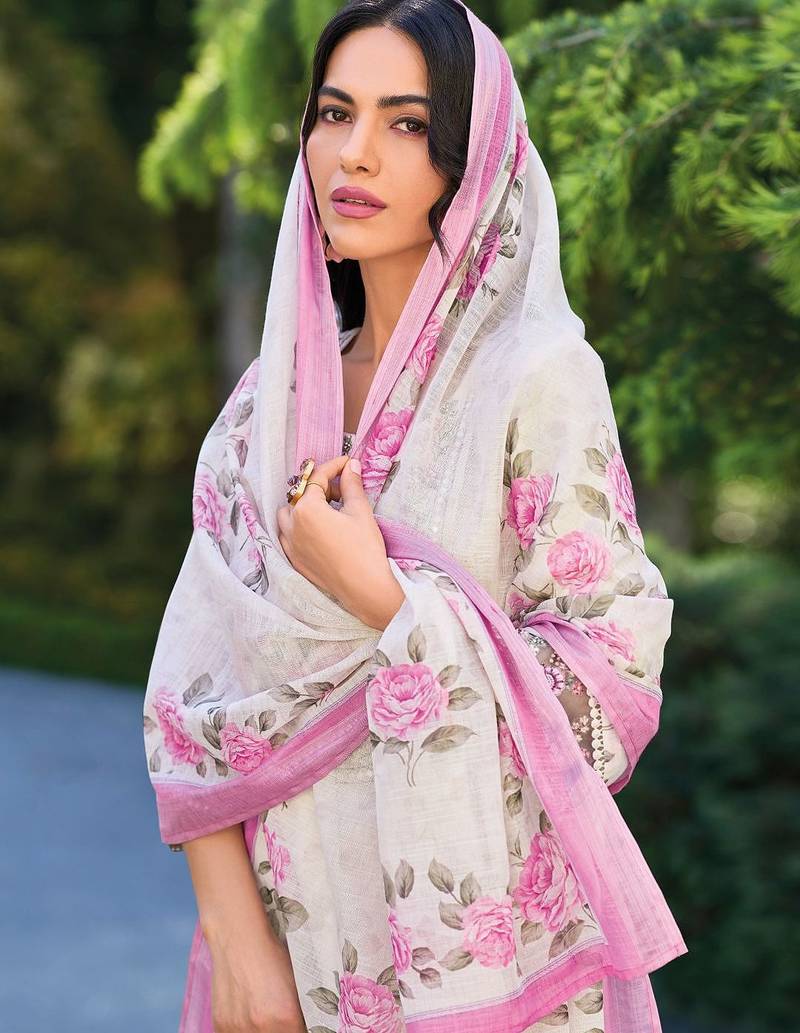 Women Floral Embroidered Regular Thread Work Linen Kurta with Trousers & With Dupatta