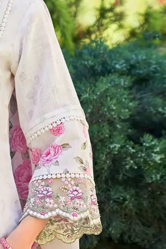 Women Floral Embroidered Regular Thread Work Linen Kurta with Trousers & With Dupatta