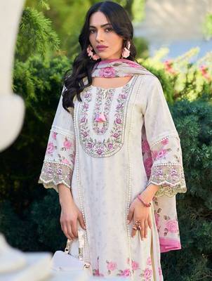 Women Floral Embroidered Regular Thread Work Linen Kurta with Trousers & With Dupatta 6