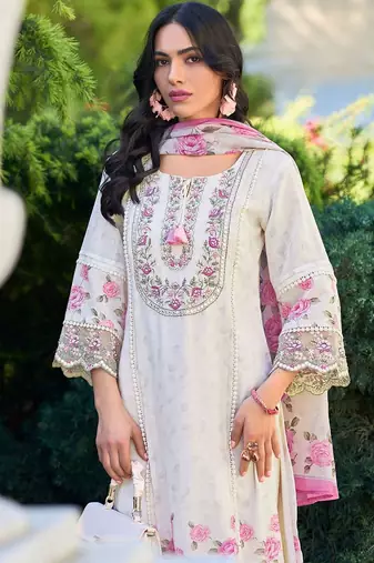 Women Floral Embroidered Regular Thread Work Linen Kurta with Trousers & With Dupatta