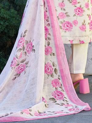 Women Floral Embroidered Regular Thread Work Linen Kurta with Trousers & With Dupatta 7