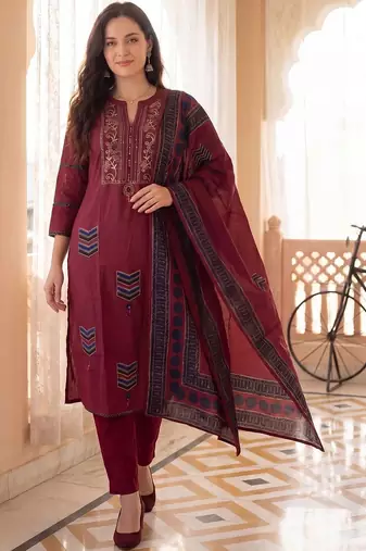 Women Ethnic Motifs Embroidered Regular Thread Work Pure Cotton Kurta with Trousers & With Dupatta