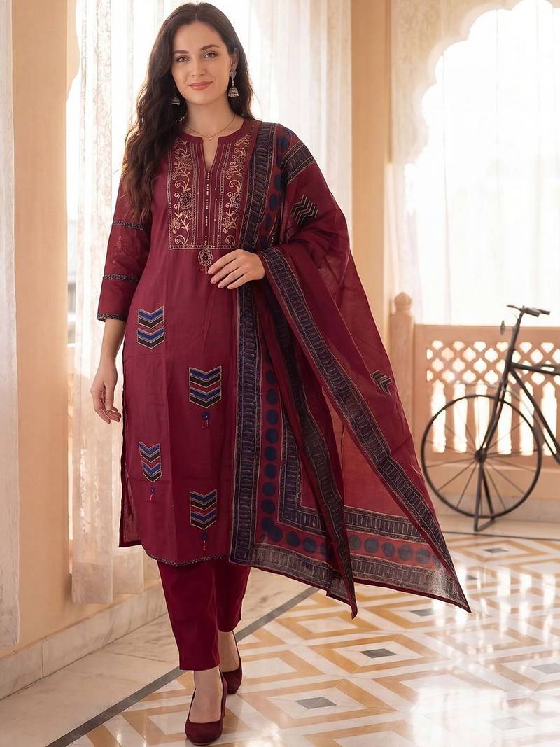 Women Ethnic Motifs Embroidered Regular Thread Work Pure Cotton Kurta with Trousers & With Dupatta