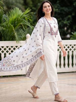 Women Ethnic Motifs Embroidered Regular Thread Work  Cotton Kurta with Trousers & With Dupatta 3