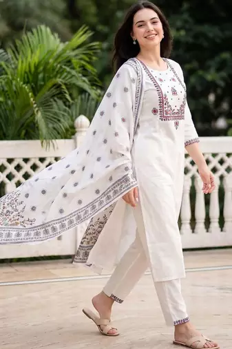 Women Ethnic Motifs Embroidered Regular Thread Work Pure Cotton Kurta with Trousers & With Dupatta