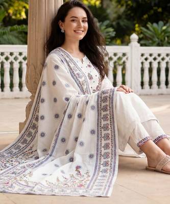 Women Ethnic Motifs Embroidered Regular Thread Work  Cotton Kurta with Trousers & With Dupatta 5