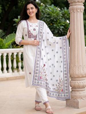 Women Ethnic Motifs Embroidered Regular Thread Work  Cotton Kurta with Trousers & With Dupatta 6