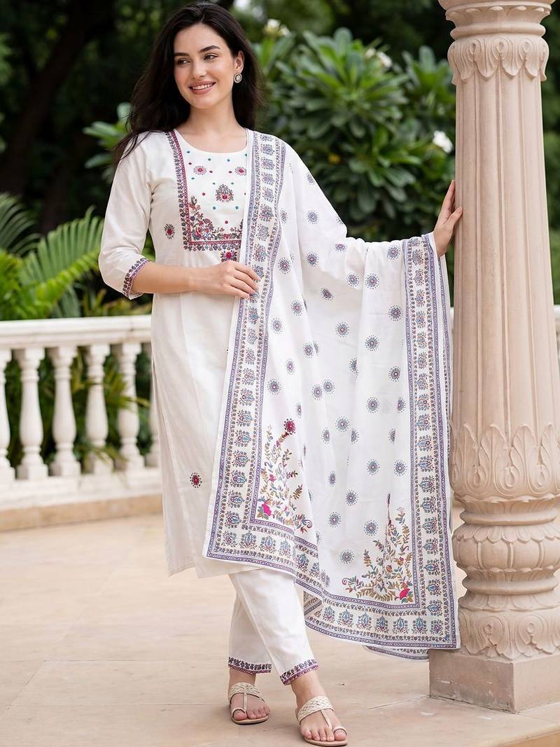 Women Ethnic Motifs Embroidered Regular Thread Work  Cotton Kurta with Trousers & With Dupatta