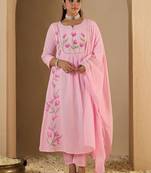 Women Embroidered Empire Thread Work Cotton Kurta with Trousers & Dupatta