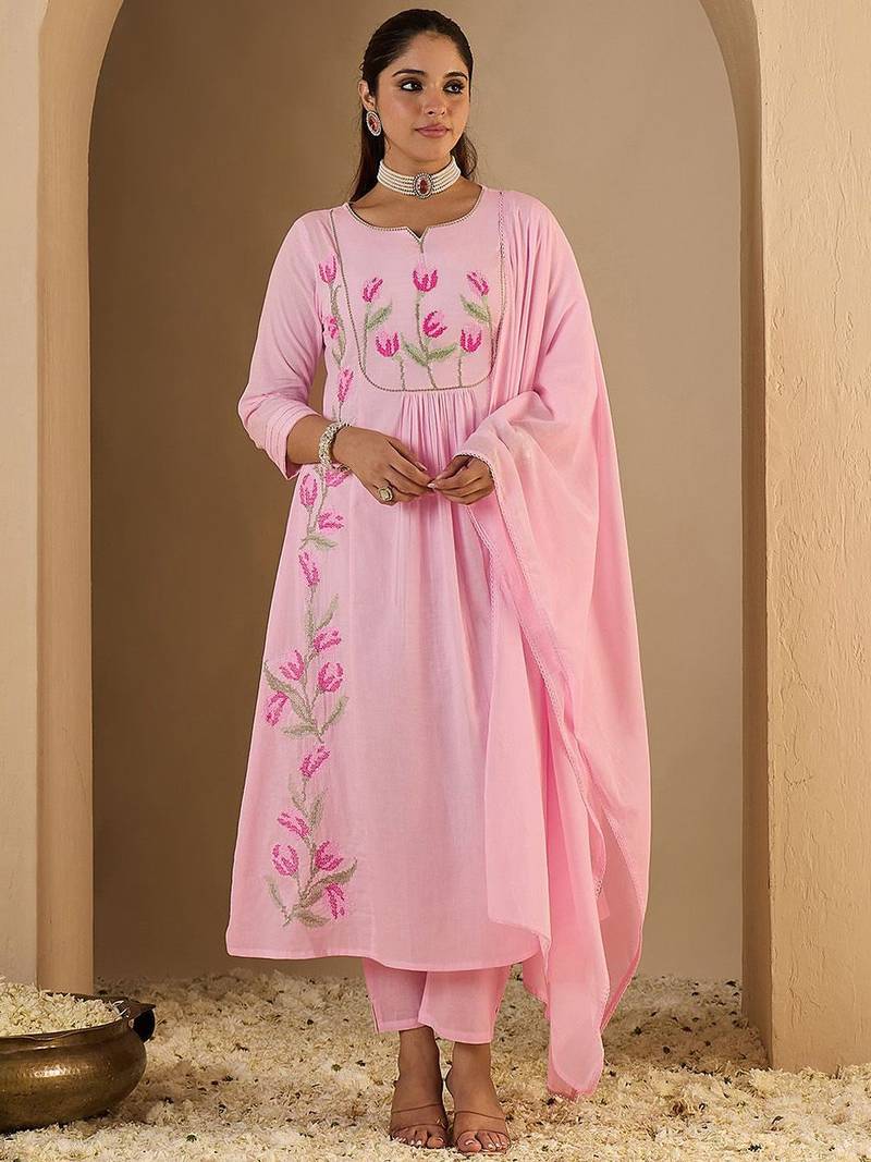 Women Embroidered Empire Thread Work  Cotton Kurta with Trousers & Dupatta