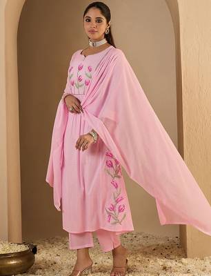 Women Embroidered Empire Thread Work  Cotton Kurta with Trousers & Dupatta 4