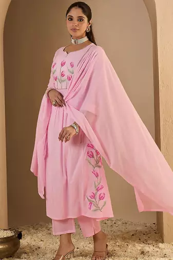 Women Embroidered Empire Thread Work  Cotton Kurta with Trousers & Dupatta