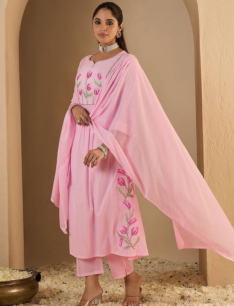 Women Embroidered Empire Thread Work  Cotton Kurta with Trousers & Dupatta