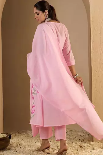 Women Embroidered Empire Thread Work  Cotton Kurta with Trousers & Dupatta