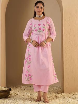 Women Embroidered Empire Thread Work  Cotton Kurta with Trousers & Dupatta 6