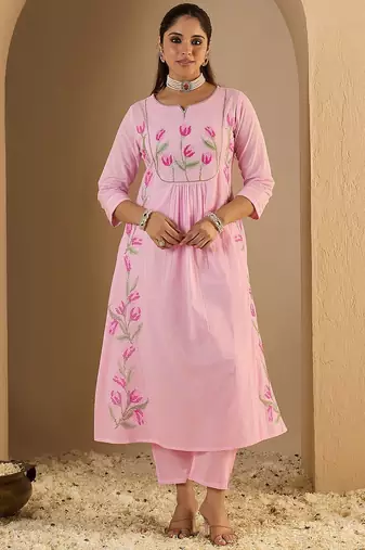 Women Embroidered Empire Thread Work  Cotton Kurta with Trousers & Dupatta