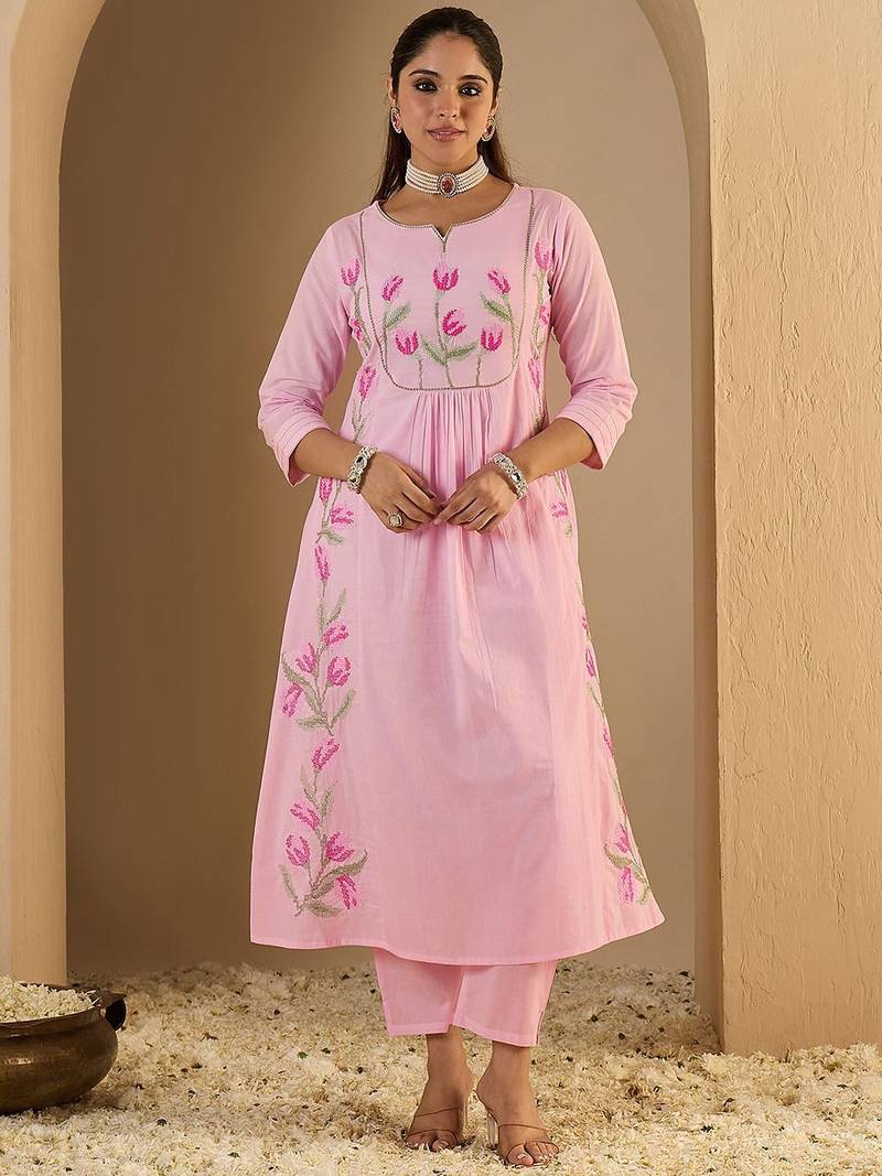 Women Embroidered Empire Thread Work  Cotton Kurta with Trousers & Dupatta