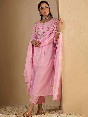 Women Embroidered Empire Thread Work  Cotton Kurta with Trousers & Dupatta 7