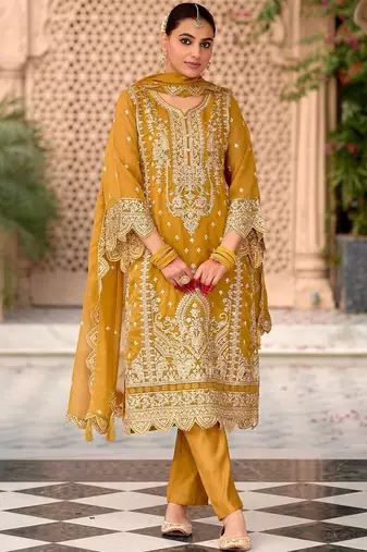 Floral Embroidered Zari Organza Kurta With Trousers And Dupatta