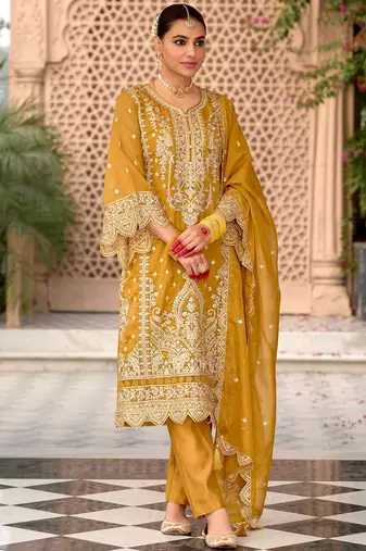 Floral Embroidered Zari Organza Kurta With Trousers And Dupatta