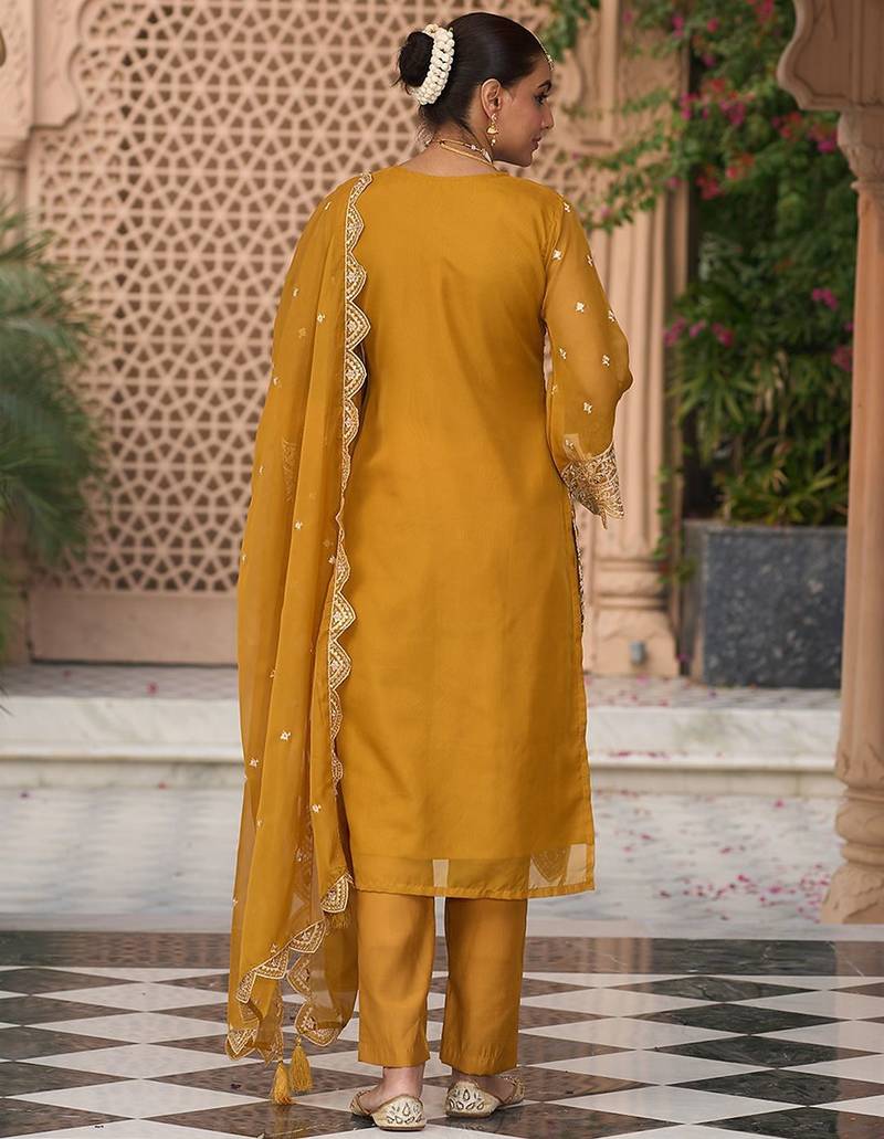Floral Embroidered Zari Organza Kurta With Trousers And Dupatta