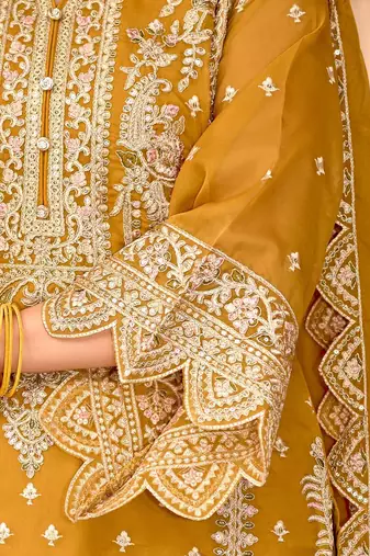 Floral Embroidered Zari Organza Kurta With Trousers And Dupatta