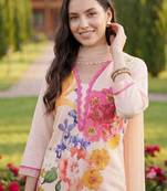 Women Floral Printed Regular Linen Kurta with Trousers & With Dupatta
