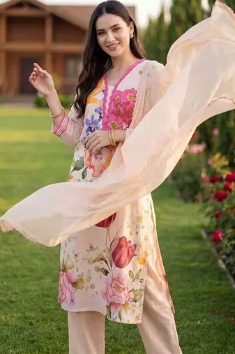 Women Floral Printed Regular Linen Kurta with Trousers & With Dupatta