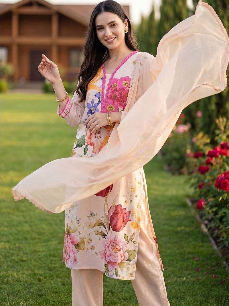 Women Floral Printed Regular Linen Kurta with Trousers & With Dupatta