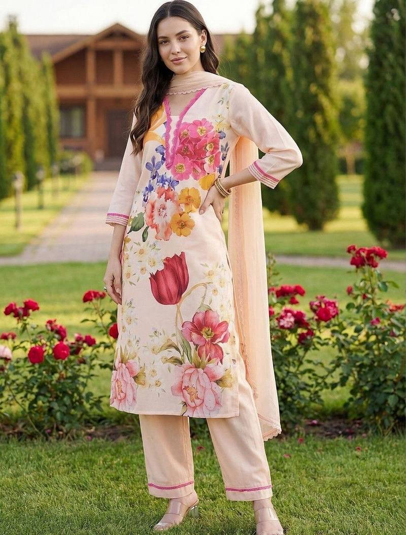 Women Floral Printed Regular Linen Kurta with Trousers & With Dupatta