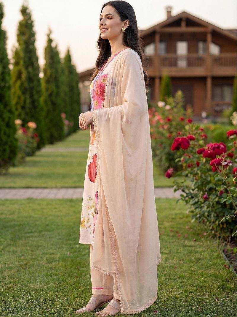Women Floral Printed Regular Linen Kurta with Trousers & With Dupatta