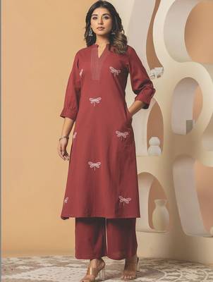 Women Embroidered Regular Thread Work Pure Cotton Kurta with Palazzos 1