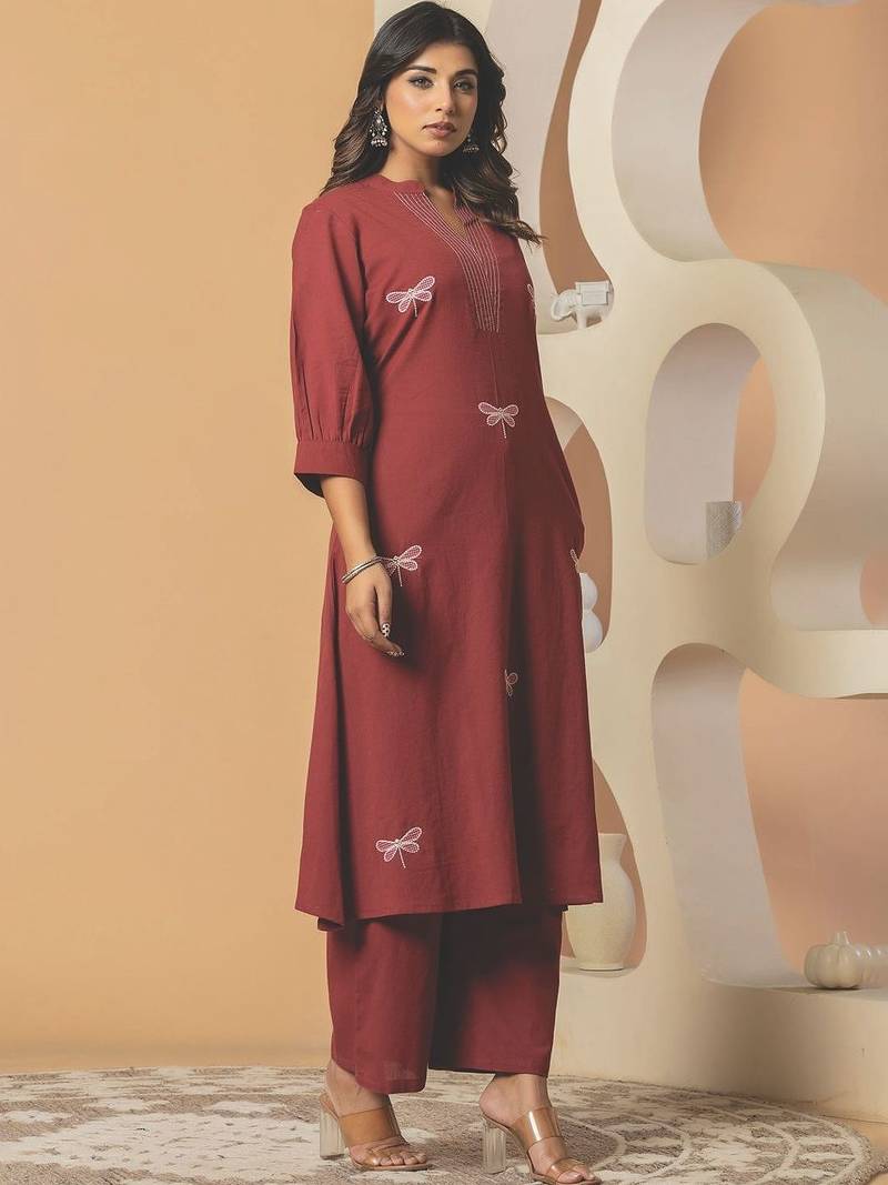 Women Embroidered Regular Thread Work Pure Cotton Kurta with Palazzos