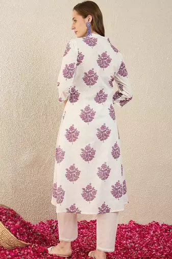 Women Floral Printed Pleated Pure Cotton Kurta with Trousers