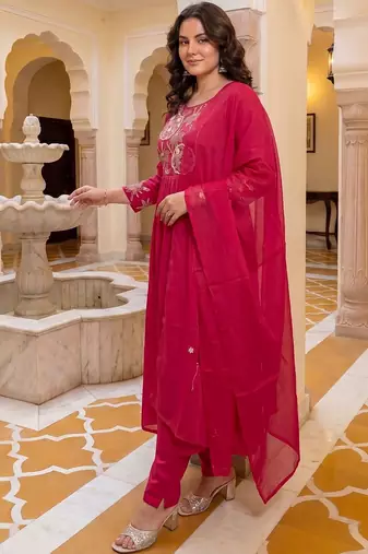 Women Ethnic Motifs Embroidered Regular Thread Work Pure Cotton Kurta with Trousers & With Dupatta