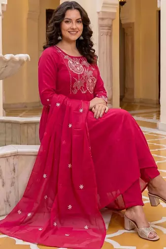 Women Ethnic Motifs Embroidered Regular Thread Work Pure Cotton Kurta with Trousers & With Dupatta
