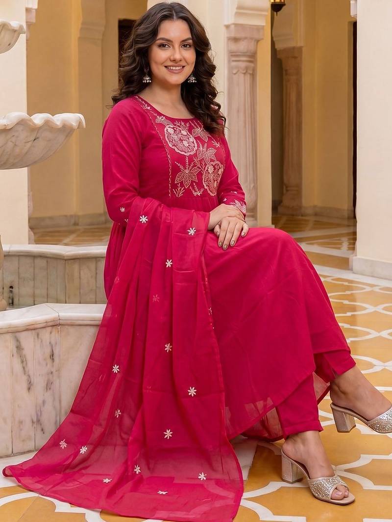 Women Ethnic Motifs Embroidered Regular Thread Work  Cotton Kurta with Trousers & With Dupatta