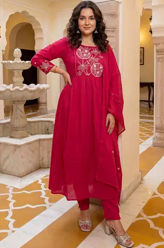 Women Ethnic Motifs Embroidered Regular Thread Work Pure Cotton Kurta with Trousers & With Dupatta