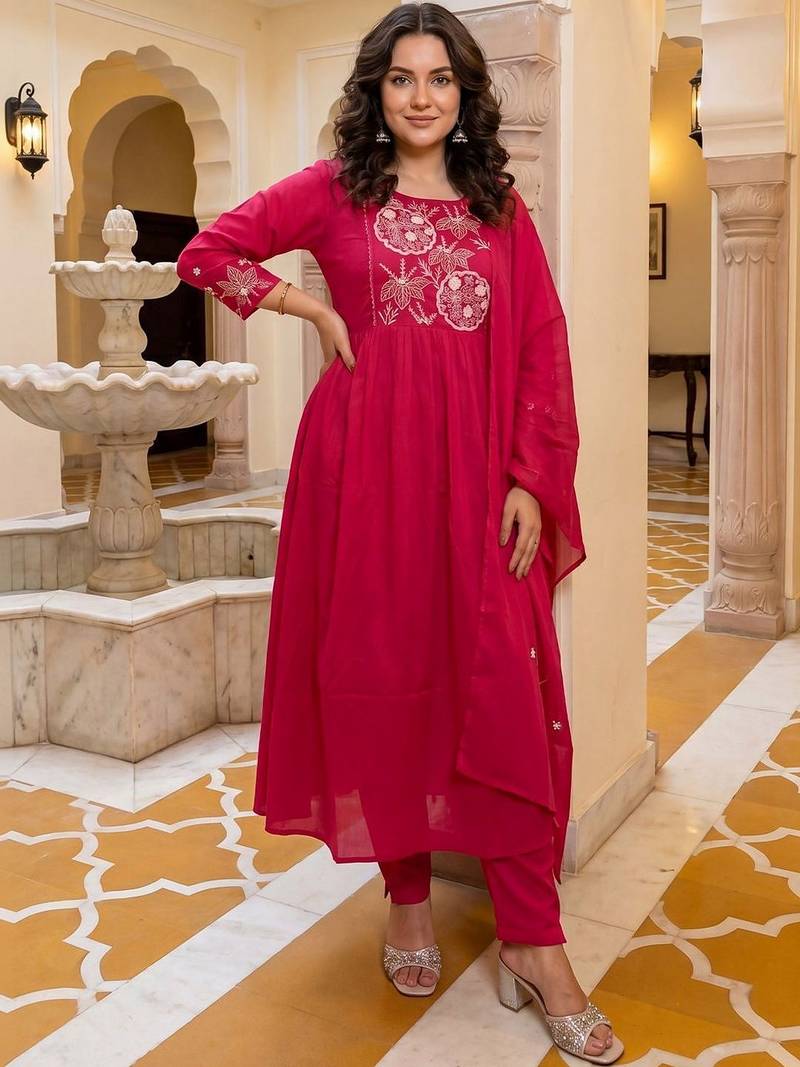 Women Ethnic Motifs Embroidered Regular Thread Work  Cotton Kurta with Trousers & With Dupatta